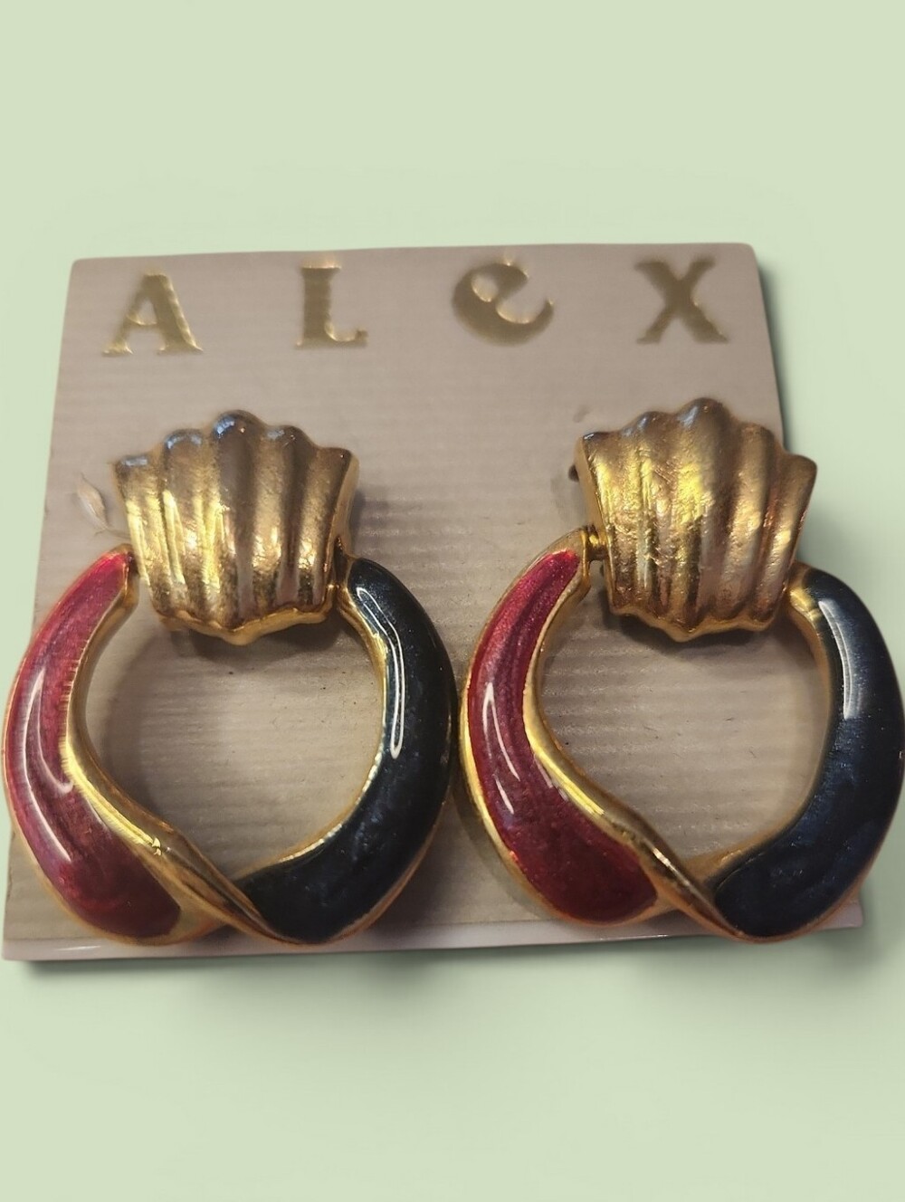 Alex Red Navy Enamel Gold Tone Hoop Earrings NWT Vintage Statement